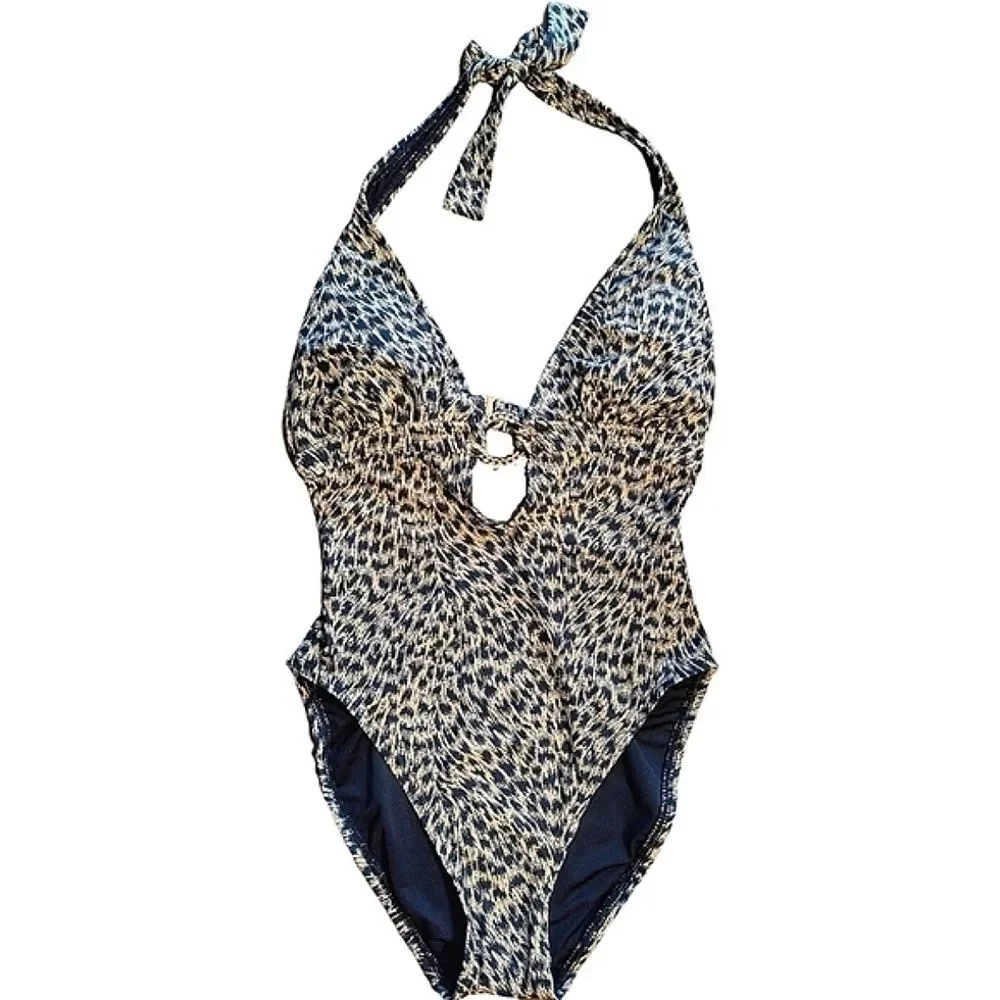 Michael Kors Leopard Print One Piece Swimsuit, Size 4, Black/Tan/Gold NWT